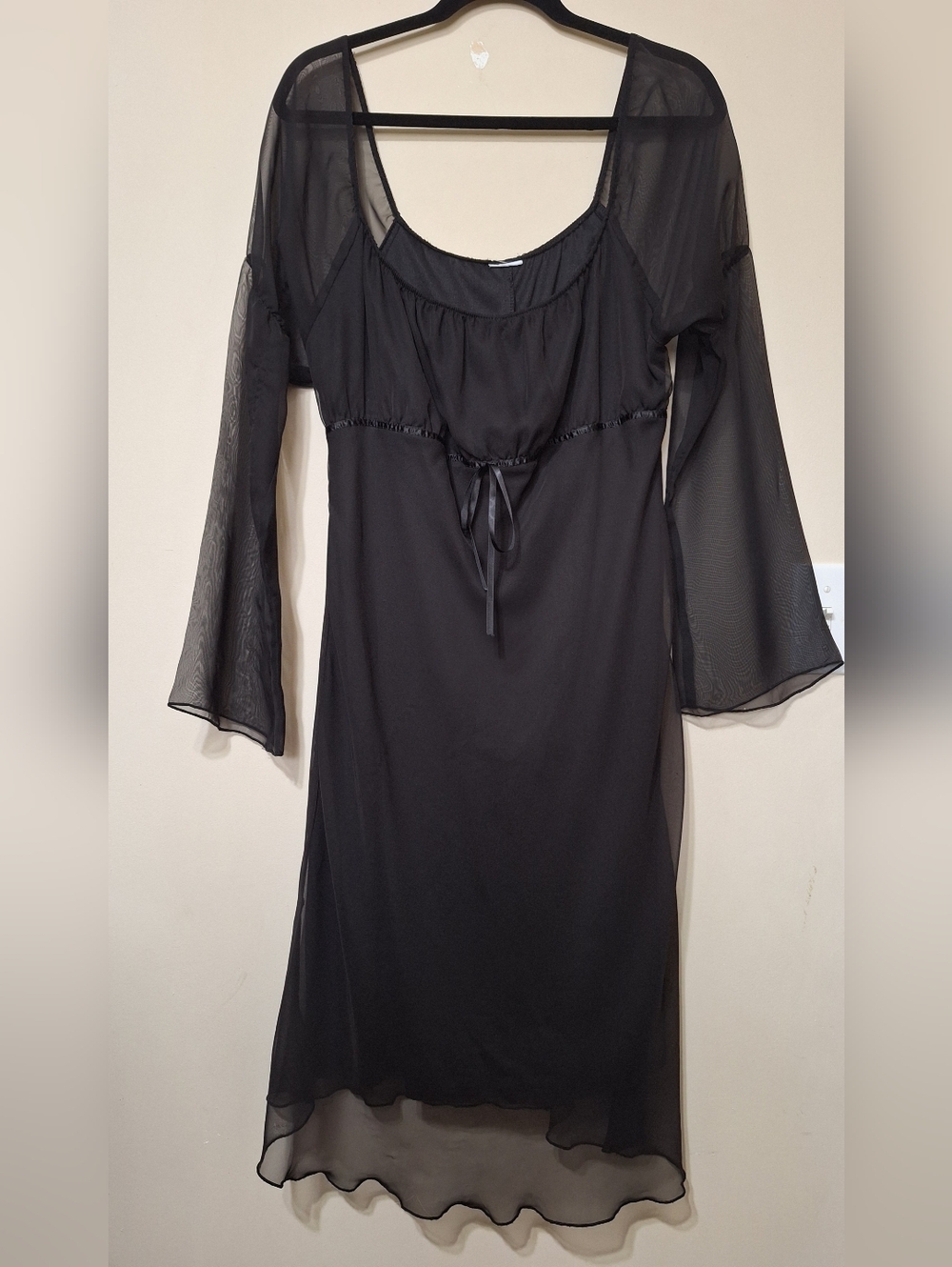 Suzy Shier Black Midi Dress with Sheer Bell Sleeves